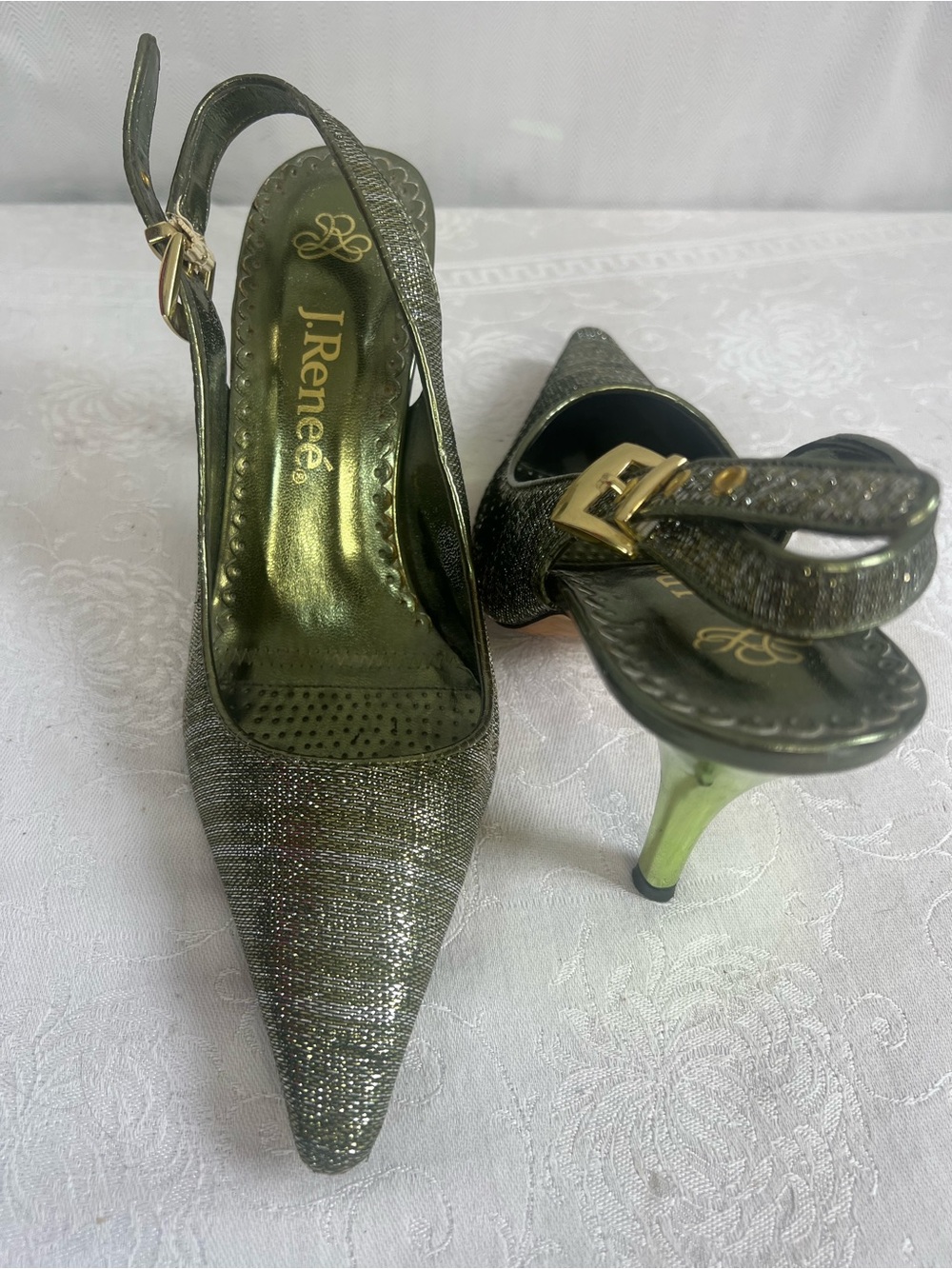 J. Renee Kelley 4” Pumps Green & Gold Tone  Metallic Pointed Toe Sling Back 8